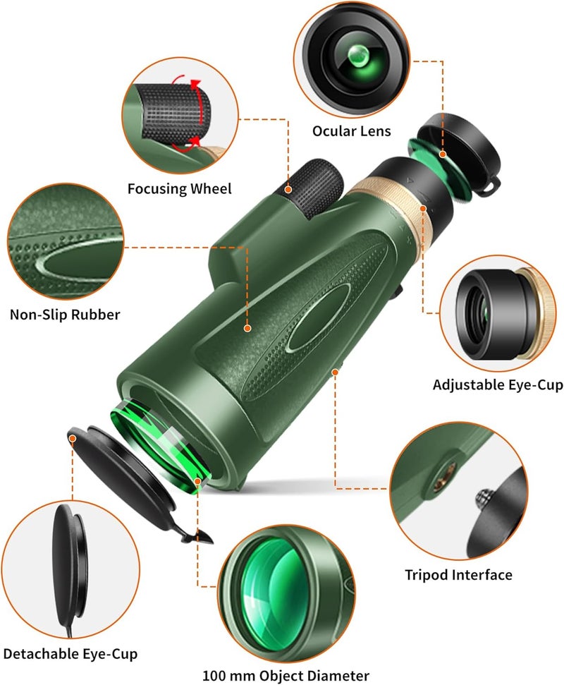 KTBDING Monocular Telescope 80x100 High Power with Smartphone Adapter Tripod,Larger Vision Monoculars for Adults with BAK4 Prism & FMC Lens, Suitable for Bird Watching Hunting Hiking Camping Wildlife-Green - Image 2